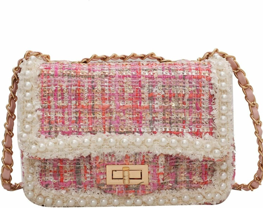 Satchel Handbags | Qiayime Qiayime Women'S Small Pearl Purse And Handbag Top Handle Tweed Beaded Chain Evening Satchel Shoulder Bag Clutch Crossbody Bag