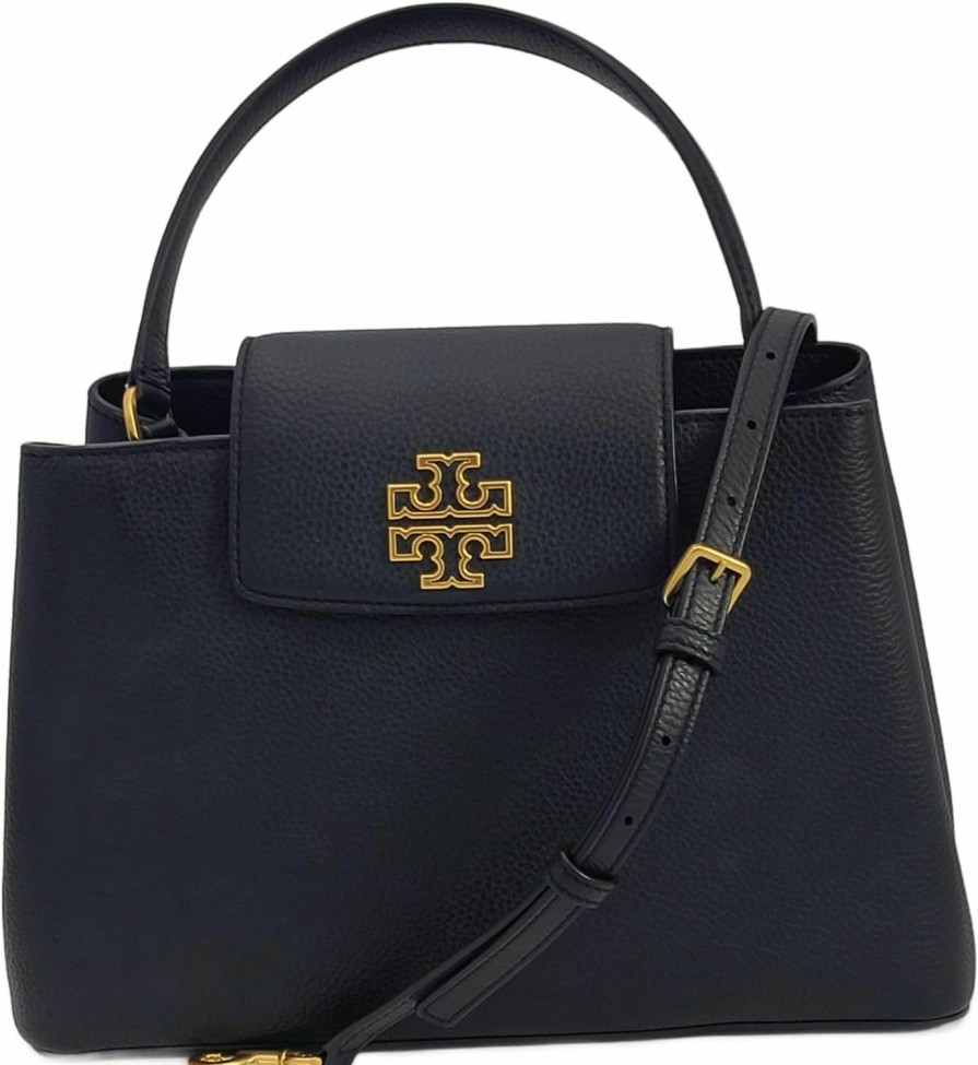 Satchel Handbags | Tory Burch Tory Burch 140972 Britten Black With Gold Hardware Pebbled Leather Women'S Satchel Bag