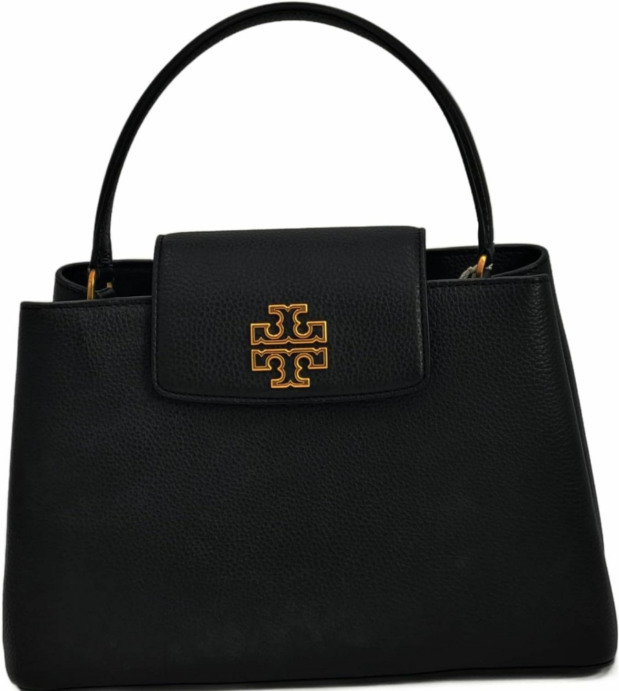 Satchel Handbags | Tory Burch Tory Burch 140972 Britten Black With Gold Hardware Pebbled Leather Women'S Satchel Bag