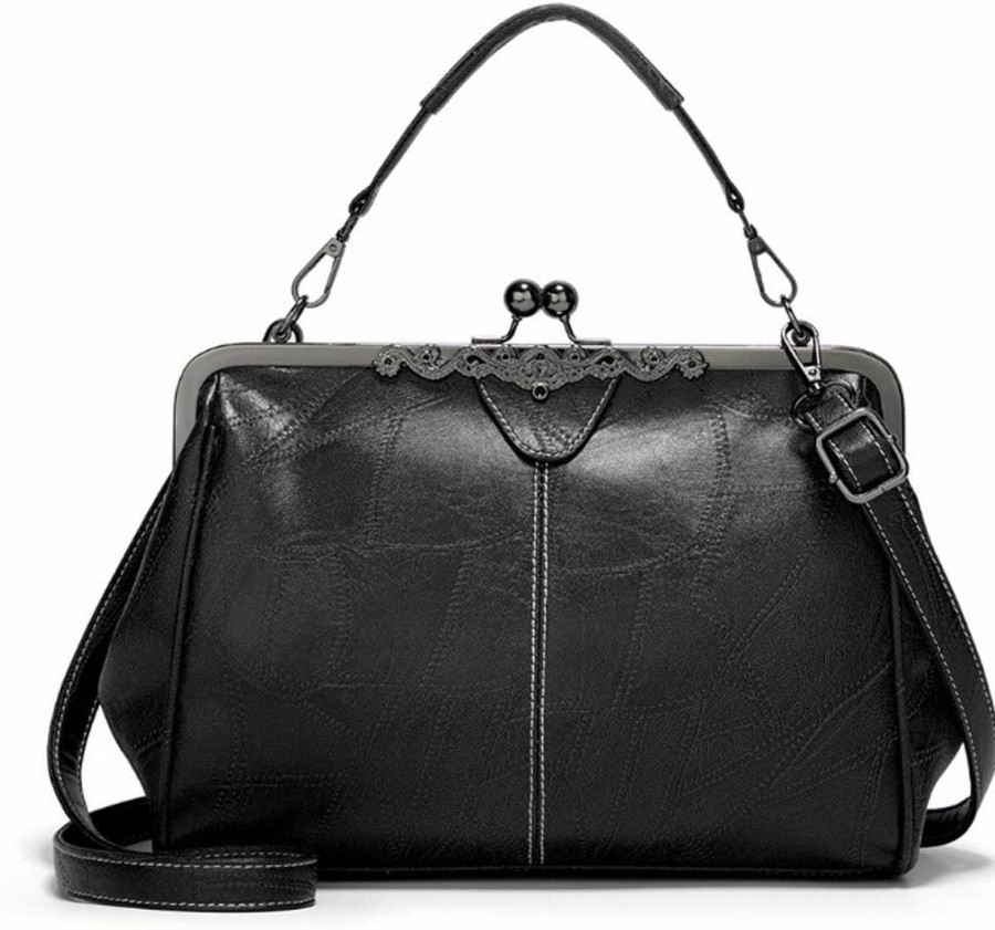 Satchel Handbags | BelonYou Belonyou Women Retro Kiss Lock Handbags Oil Wax Pu Shoulder Bag Vintage Purses Small Tote Messenger Bags Satchels Black