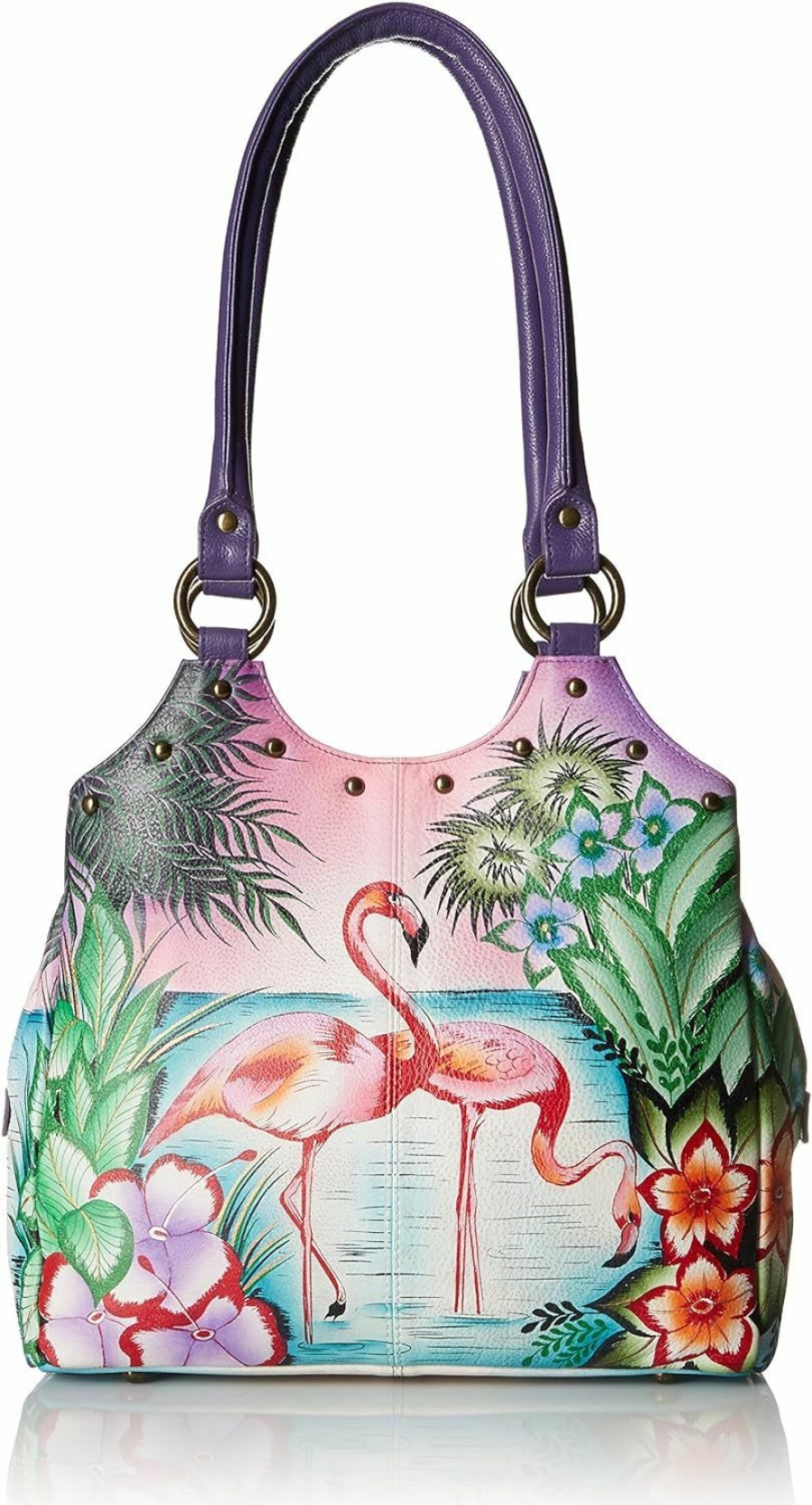 Satchel Handbags | Anna by Anuschka Anna By Anuschka Handpainted Leather Triple Compartment Medium Satchel, Tropical Flamingo