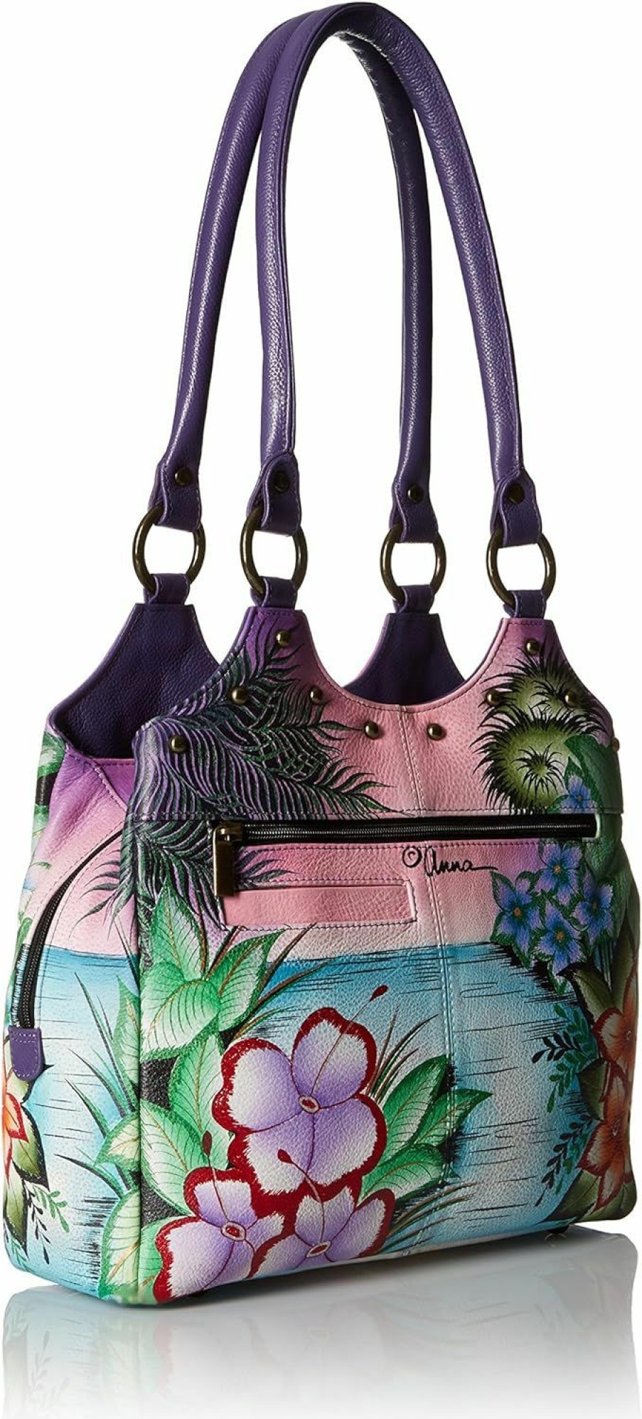 Satchel Handbags | Anna by Anuschka Anna By Anuschka Handpainted Leather Triple Compartment Medium Satchel, Tropical Flamingo