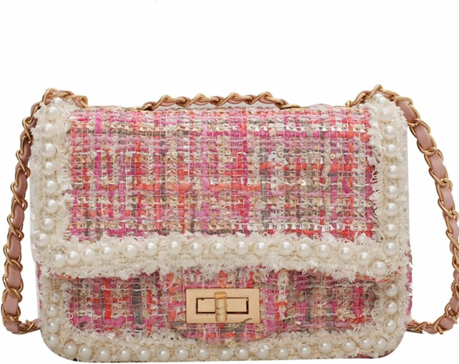 Satchel Handbags | Qiayime Qiayime Women'S Small Pearl Purse And Handbag Top Handle Tweed Beaded Chain Evening Satchel Shoulder Bag Clutch Crossbody Bag