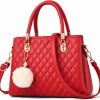 Satchel Handbags | BAG WIZARD Womens Leather Handbag Purses Top Handle Quilted Shoulder Bag Totes Satchel For Ladies With Pompon