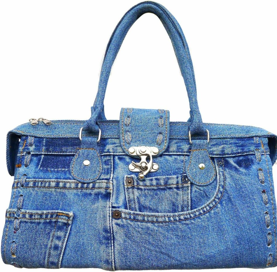 Satchel Handbags | Bijoux de Ja Bijoux De Ja Upcycling Blue Denim Jeans Large Capacity Doctor Style Strip Hand Stitched-Edge Top Handle Satchel Structured Handbag Purse For Women