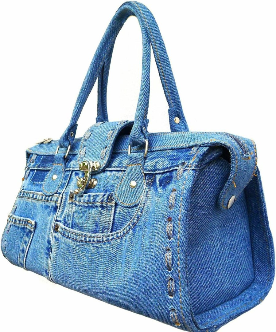 Satchel Handbags | Bijoux de Ja Bijoux De Ja Upcycling Blue Denim Jeans Large Capacity Doctor Style Strip Hand Stitched-Edge Top Handle Satchel Structured Handbag Purse For Women