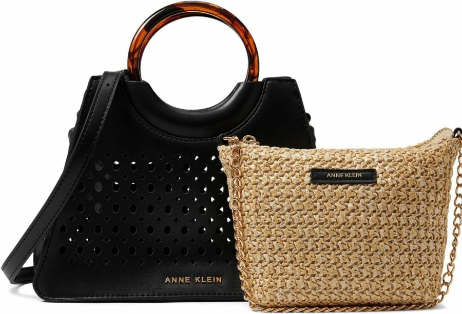 Satchel Handbags | Anne Klein Anne Klein Two For One Perforated Mini Satchel With Chain, Black/Natural