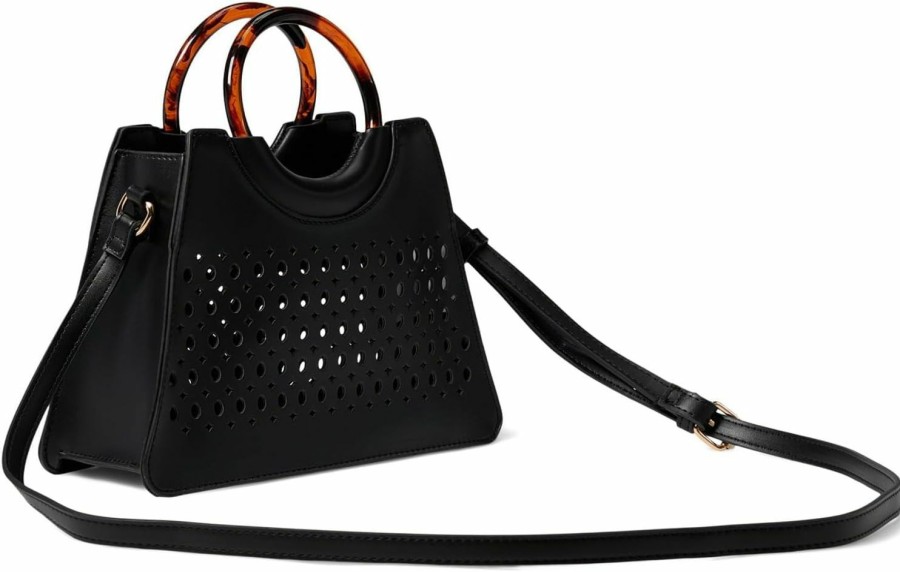 Satchel Handbags | Anne Klein Anne Klein Two For One Perforated Mini Satchel With Chain, Black/Natural