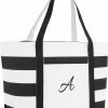 Satchel Handbags | DALIX Dalix Striped Beach Bag Tote Bags Canvas Personalized Black Ballent Letter A - Z