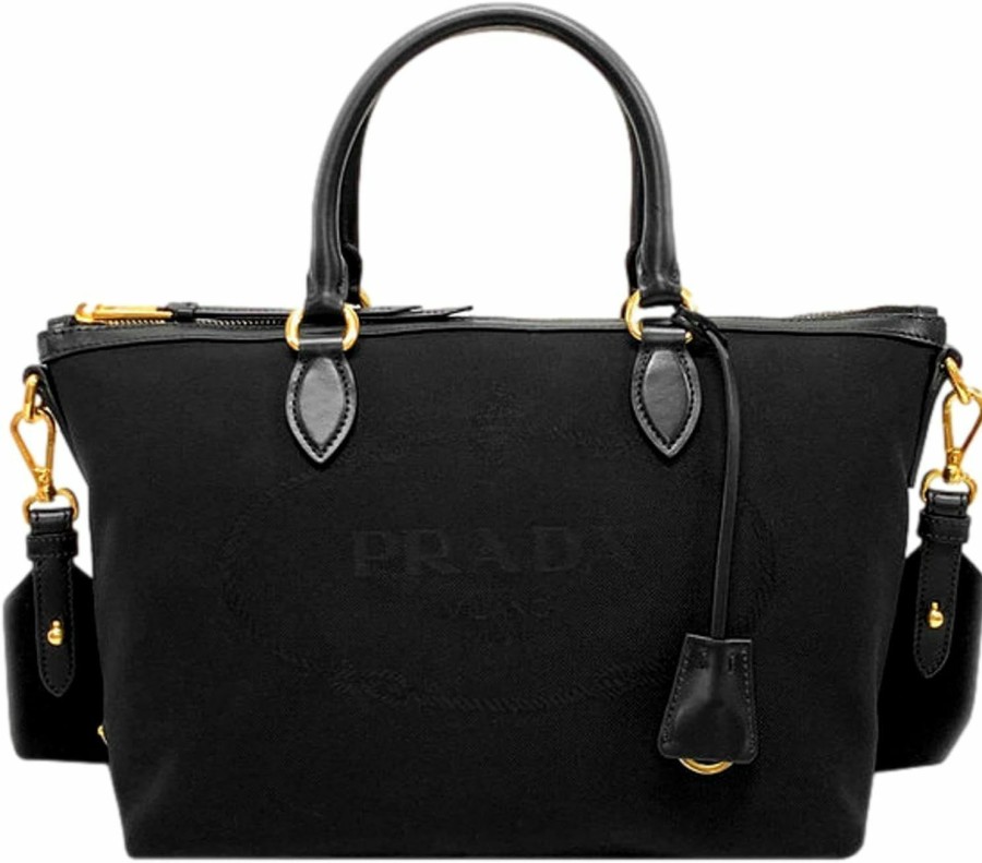 Satchel Handbags | Prada Prada Womens Logo Jacquard Black Canvas Satchel Crossbody Bag 1Ba104