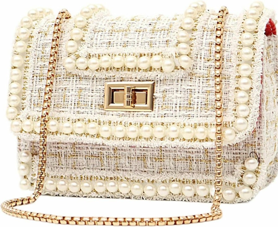 Satchel Handbags | Qiayime Qiayime Women'S Pearl Purses Handbag Fashion Top Handle Tweed Beaded Satchel Shoulder Bag Chain Crossbody Clutch Evening Bag