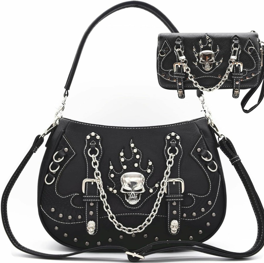 Satchel Handbags | WESTERN ORIGIN Punk Gothic Rock Metallic Skull Chain Purse Skeleton Leather Shoulder Bag Crossbody Bag Satchel Women Handbag Wallet Set