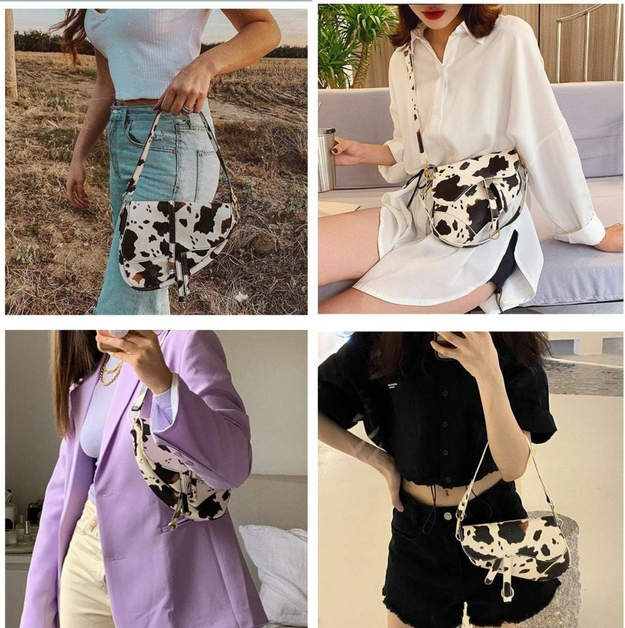 Satchel Handbags | PURFANREE Purfanree Women Cow Print Saddle Shoulder Bag Clutch Purse Underarm Handbag Satchel Zipper Crossbody Bag