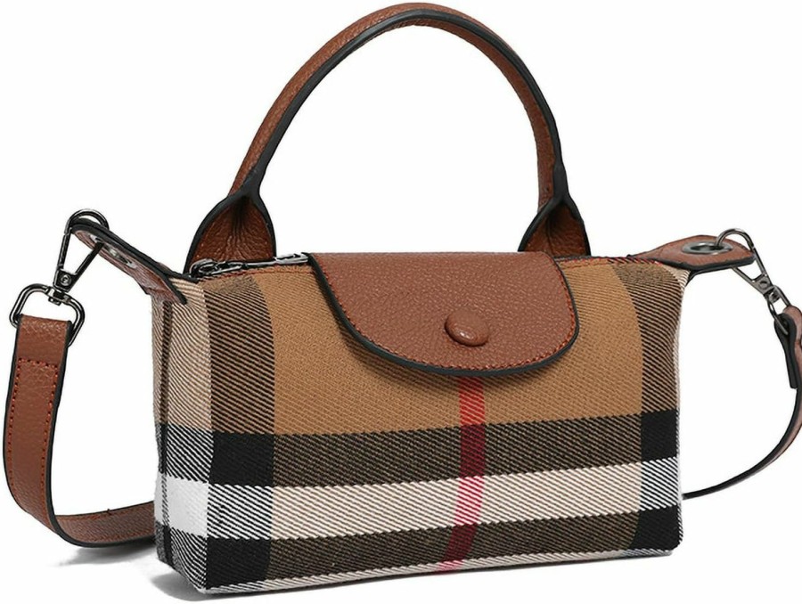 Satchel Handbags | Generic Waiyqju Mini Small Size Plaid Luxury Canvas And Leather Women'S Top Handle Handbag Mini Fashion Contrast Color Travel Daily Satchel (Khaki)