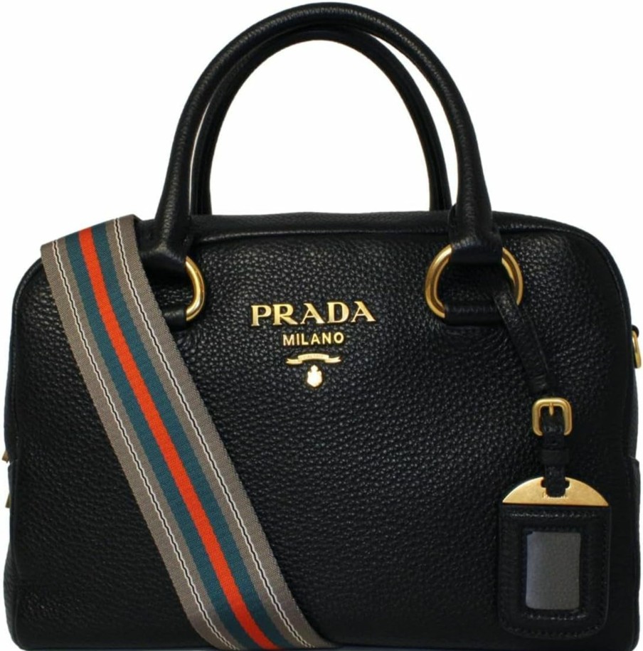 Satchel Handbags | Prada Prada Black Leather Stripe Strap Satchel Handbag